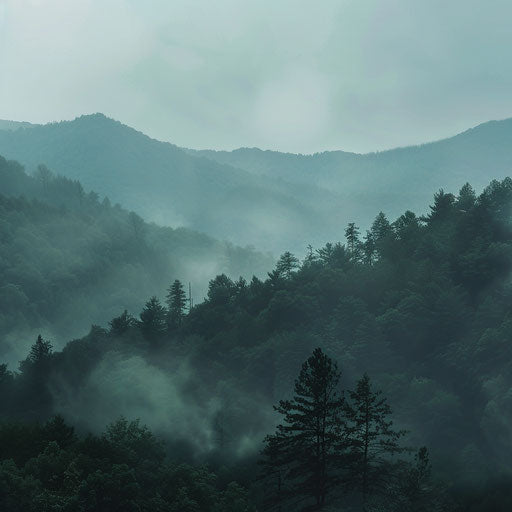 Stylized Appalachian Mountains, late afternoon, foggy weather