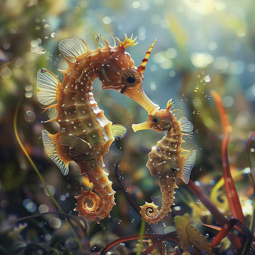 Seahorses with offspring, tender and warm