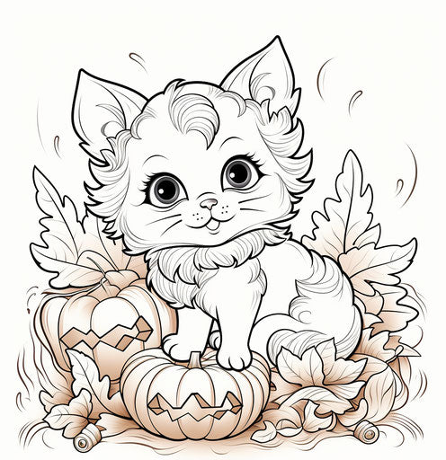Adorable kitten sitting in a pumpkin with leaves, coloring page for kids and adults, pastel gothic style, realistic 27:28