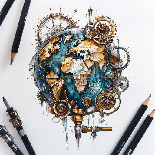Flat tattoo sketch of Earth with steampunk theme featuring gears, pipes, and metallic textures
