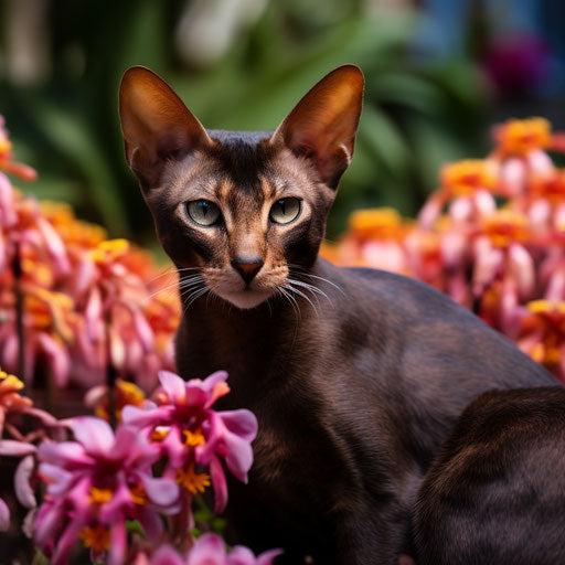 Oriental cat in a bed of beautiful flowers