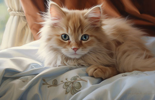 Fluffy cat resting on a bed with green eyes