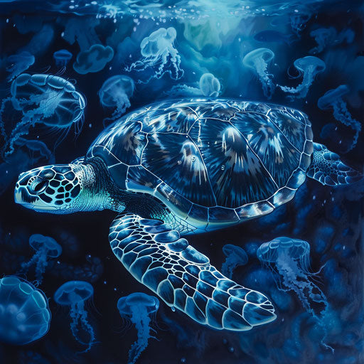 Sea turtle swimming among jellyfish in the deep ocean
