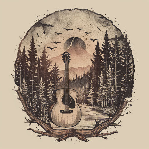 Folk band logo with hand-drawn rustic fonts and natural forest background