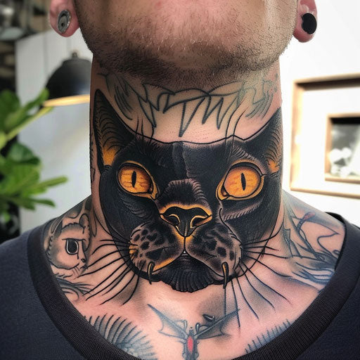 Neck tattoo showcasing fierce animal eyes