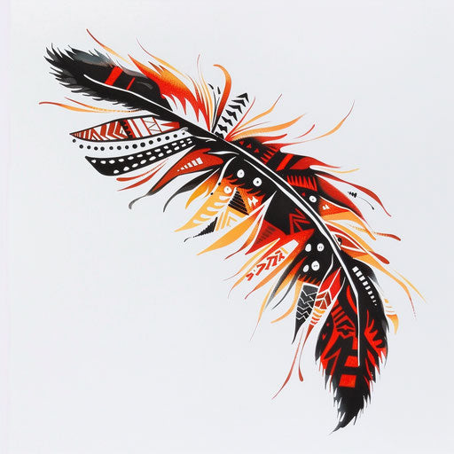 Native American feather tattoo design with traditional motifs on white paper
