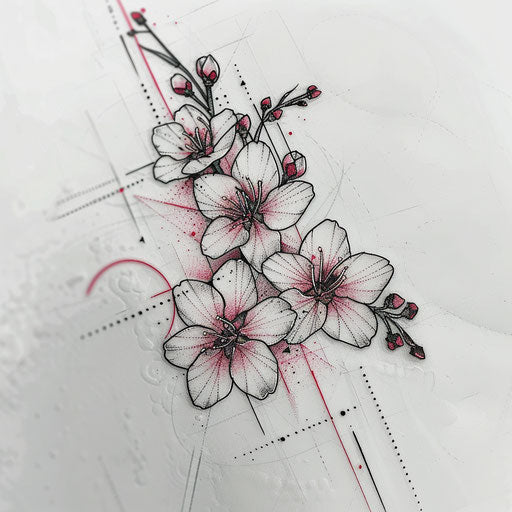 Modern flat tattoo sketch of cherry blossoms with geometric shapes and sharp angles