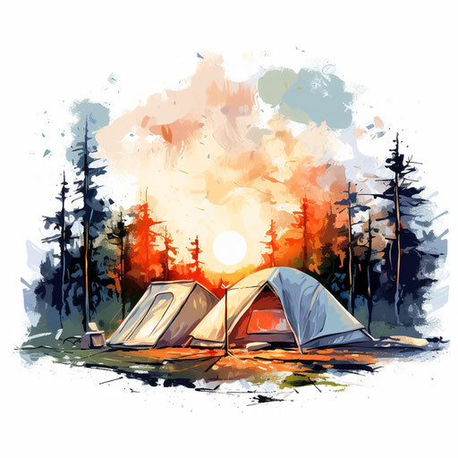 Camping in Impressionistic Art on white background