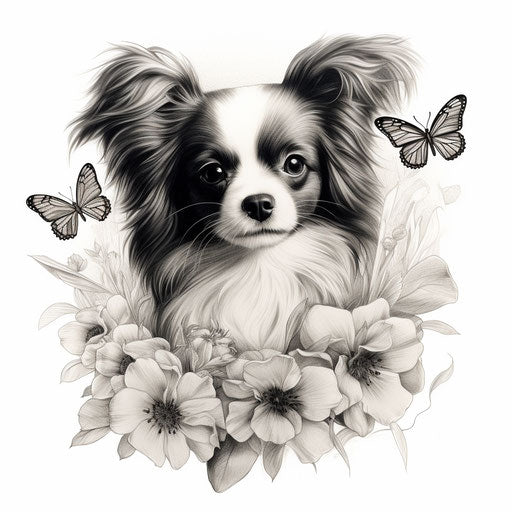 The papillon puppy, in the style of elegant inking techniques, hinchel or realistic