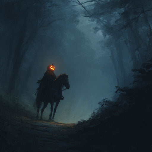 The headless horseman with a glowing pumpkin in fog