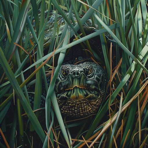 Snapping turtle resting in tall grasses