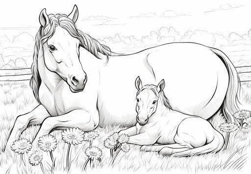 Horse in the pasture coloring, pictorial style, playful characters