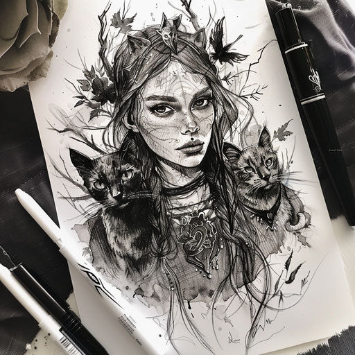 Gothic flat tattoo sketch of Freya with her cats in a dark enchanted forest