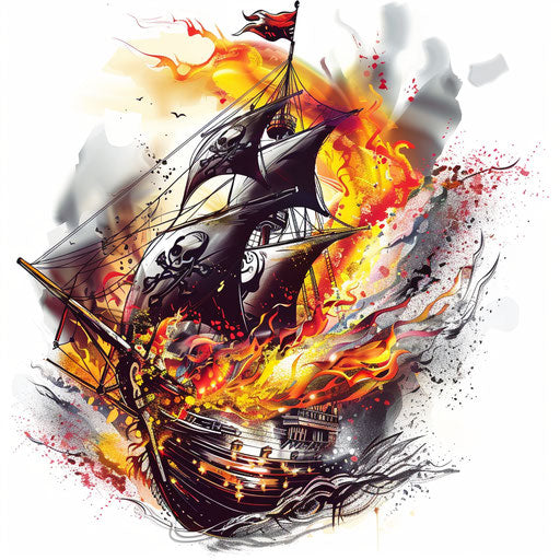 Dynamic tattoo sketch of a pirate ship in battle