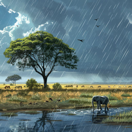 Animals of the savannah in the first rain after drought
