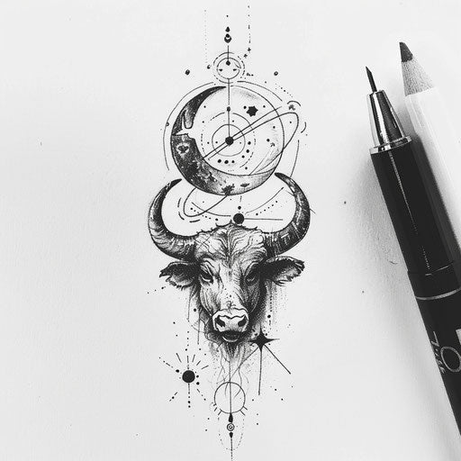 Harmonious sketch of Taurus constellation tattoo with yin yang symbols and black and white balance
