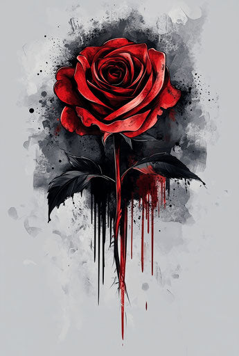 Abstract red rose tattoo design, dark colors, dripping paint effect.