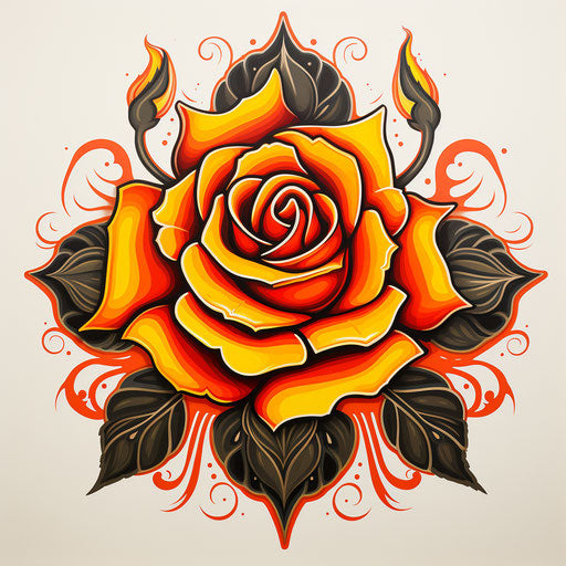 Yellow and pink rose tattoo in black and white style, shaped canvas, light orange and red, magewave, airbrushing, symmetrical, lovely