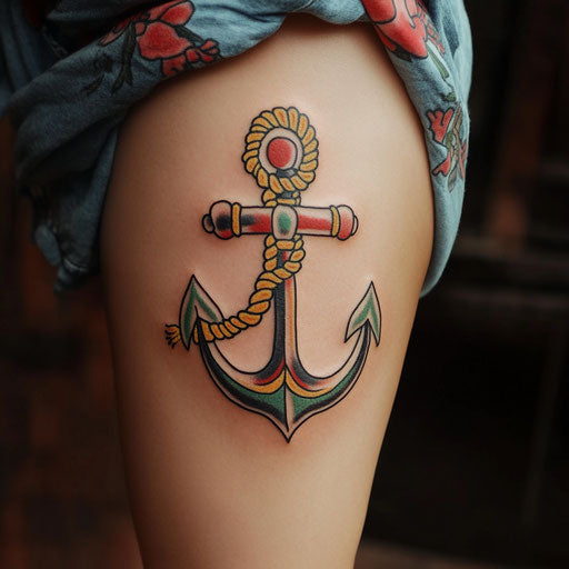 Traditional anchor and rope tattoo on the back of thigh