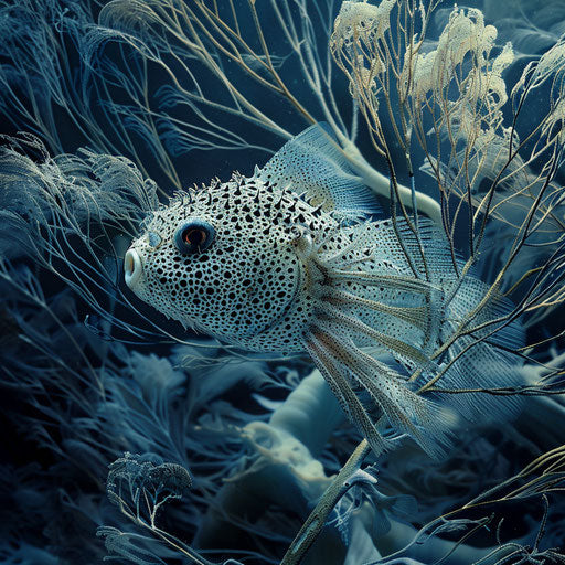 Puffer fish floating near a sea fan with intricate patterns