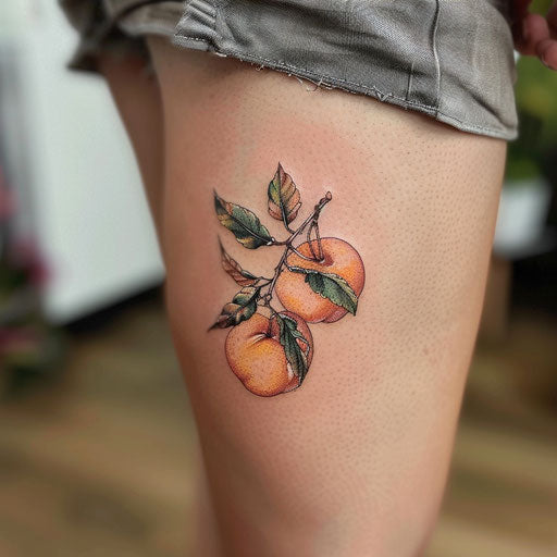 Realistic flat tattoo sketch of a peach with natural shades