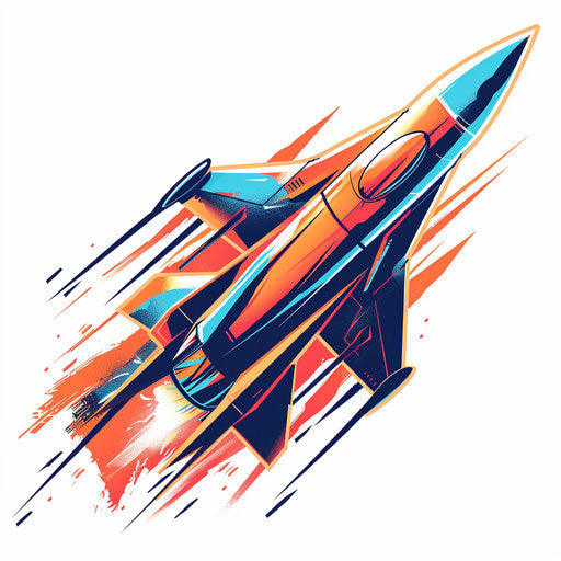 Dynamic tattoo sketch of a supersonic jet breaking the sound barrier, vivid orange and blue, clipart style