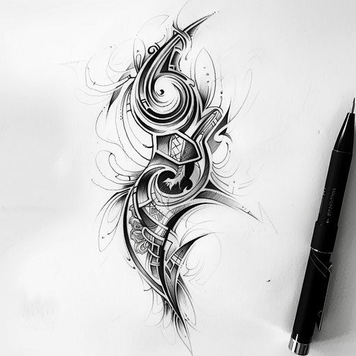 Elegant flat tattoo sketch of neo tribal designs with flowing, organic shapes