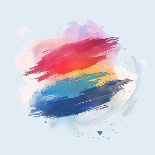 Artistic logo with brush stroke elements and a colorful palette, on a watercolor background