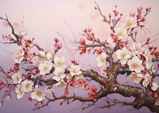Peach tree branch, cherries, cherry blossoms, yellow leaves, elegant inking, light red and violet, organic material, meticulous lines, dark pink and white, delicate flowers, simplified shapes