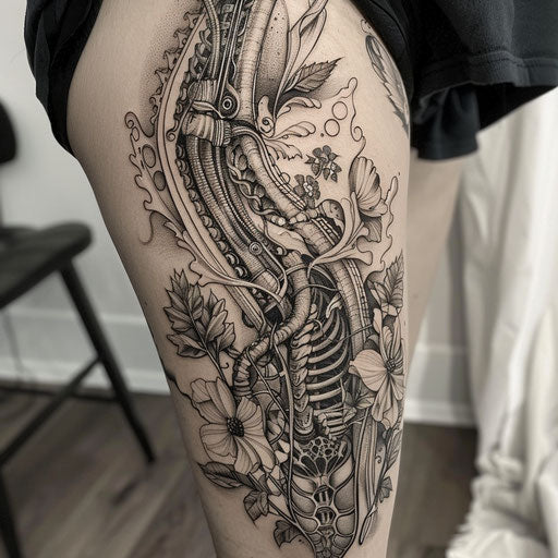 Biomechanical tattoo with botanical details