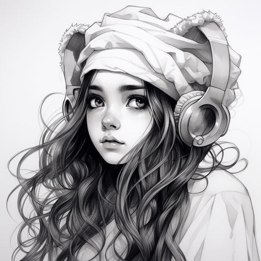 Girl with ear hat and long hair in anime inspired style