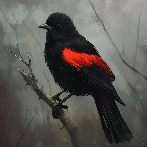 Black bird with red wings perched on a branch