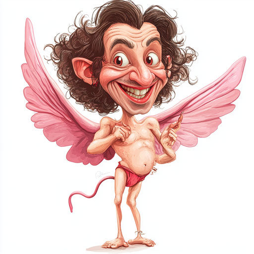 Humorous caricature of a cupid with long lashes and arms, vibrant colors