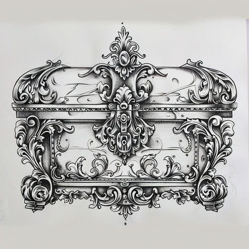 Elegant flat tattoo sketch of a mysterious locked chest with ornate designs