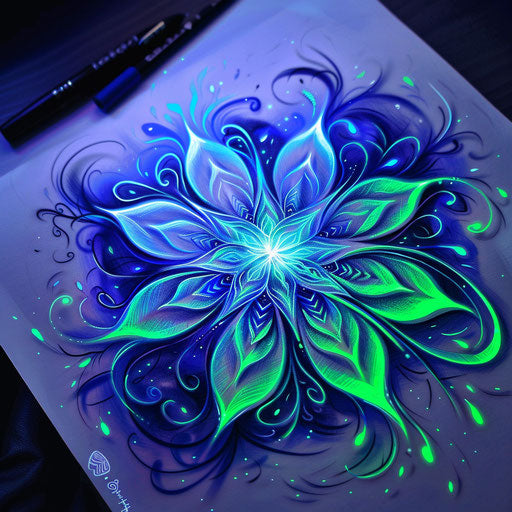 Dynamic sketch of a swirling snowflake in clipart style, highlighted with neon green and blue