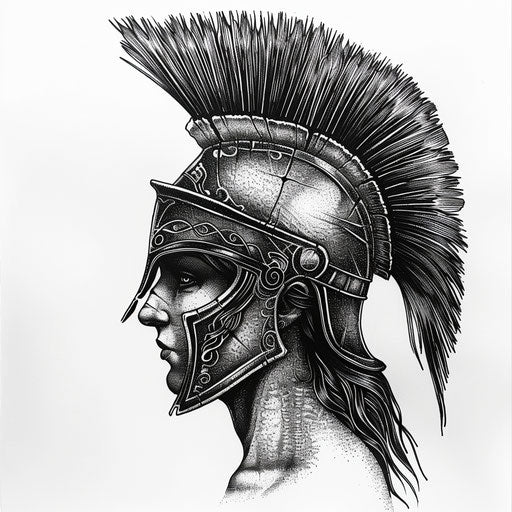 Greek goddess with helmet in blackwork tattoo on white