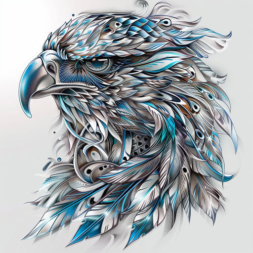 Futuristic tattoo sketch of a Mexican eagle, clipart style with metallic silver and blue accents