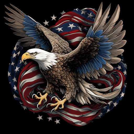 white american flag tattoo, black background, colorful moebius