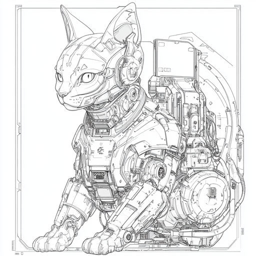 Futuristic robot cat with high-tech elements in the style of Hideo Kojima, Coloring book page