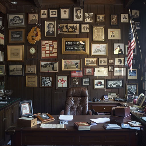 Sports agent's office with memorabilia and contracts