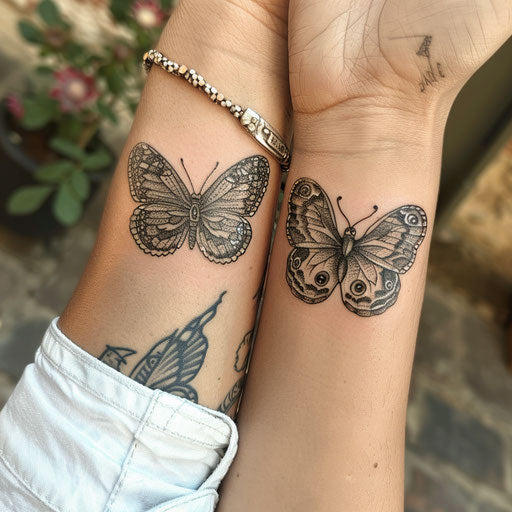 Matching tattoos for butterfly friends, in the style of Maria Sibylla Merian