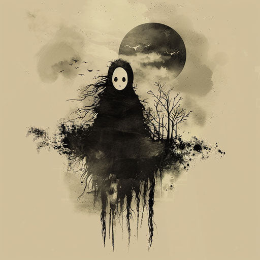 Flat tattoo sketch of No-Face against moonlit sky