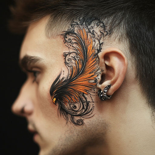Small face tattoos with a powerful phoenix feather