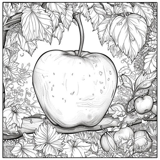 Apple in enchanted forest scenes with detailed elements in the style of Jan Brett, lush and intricate, Coloring book page