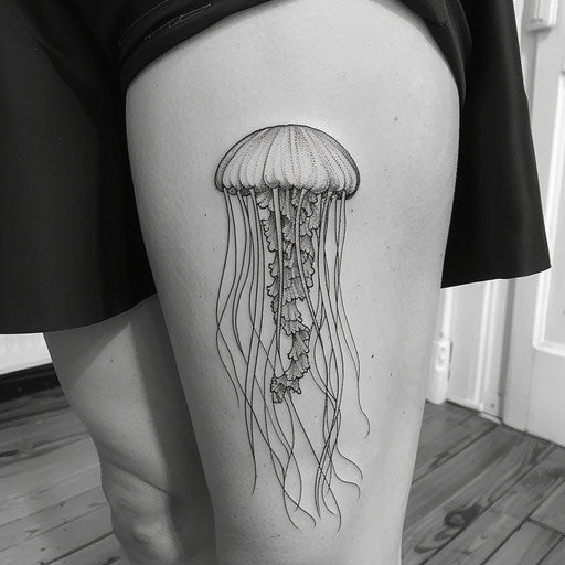 Minimalist black line art jellyfish tattoo