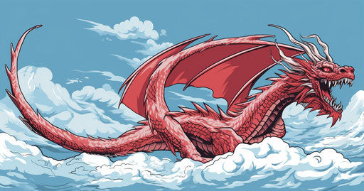 Red dragon in sky-blue and white style, traditional poses