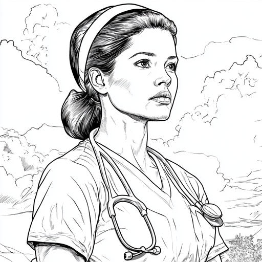 Heroic, determined nurse, Mark Schultz style, coloring page