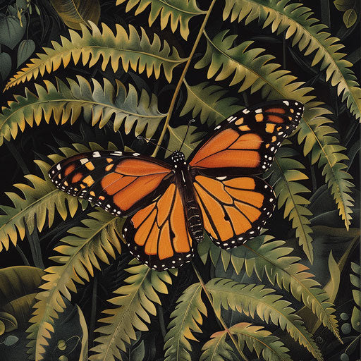 Delicate wings of a monarch butterfly with fern patterns in a rainforest
