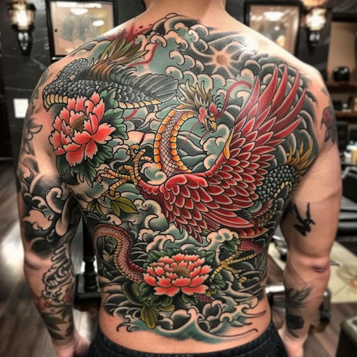 Phoenix rising from ashes as full back tattoo