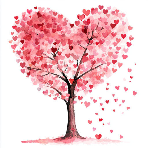 Pink heart-shaped tree with heart leaves on white background